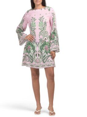 CELINA MOON Bell Sleeve Floral Pink and Green Dress